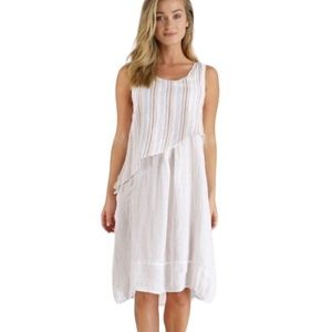 Luna Luz White Pastel Stripe Asymmetrical Overlay Scoop Neck Linen Slip Dress  L